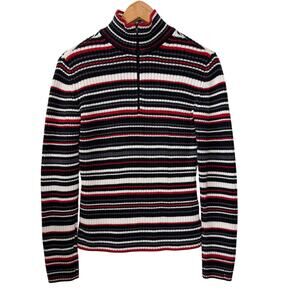 TOMMY‎ HILFIGER Y2K Sweater Size M Quarter Zip Mock Neck Stripes Cotton Ribbed